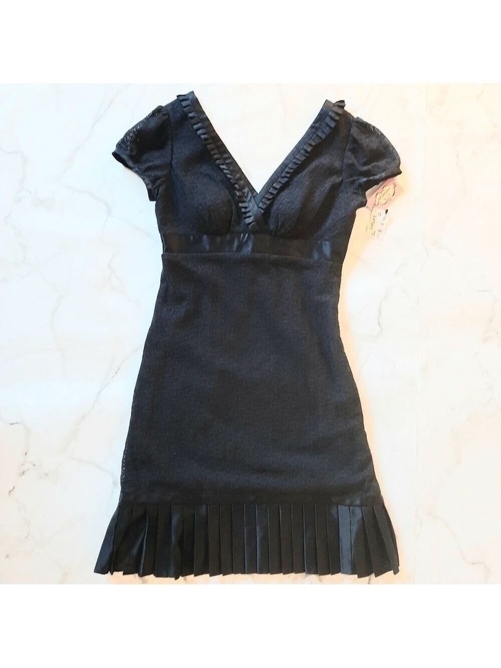 Phoebe Couture Black Lace Overlay Silk Trim Cap Sleeve Double V Neck Dress